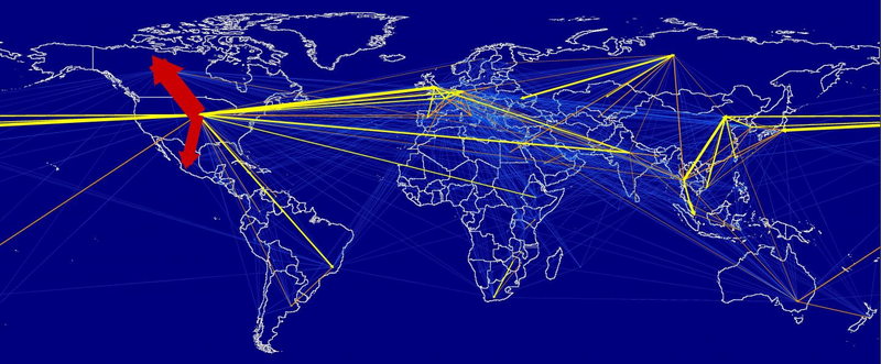 Embodied carbon movements caused by international travel, with arrows pointing in the direction of carbon flow.